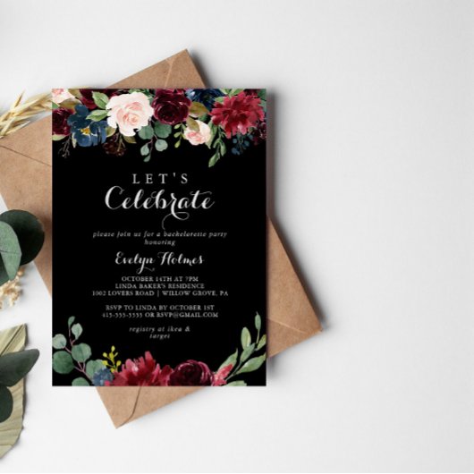 Rustic Black Botanical Let's Celebrate Party Kaart