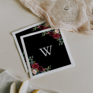 Rustic Black Botanical Monogram Weddenschap Servet