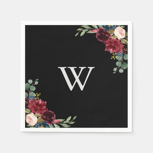 Rustic Black Botanical Monogram Weddenschap Servet (Voorkant)