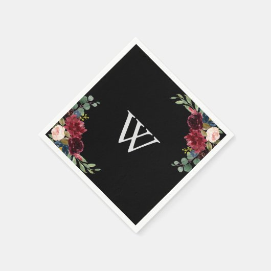 Rustic Black Botanical Monogram Weddenschap Servet (Hoek)