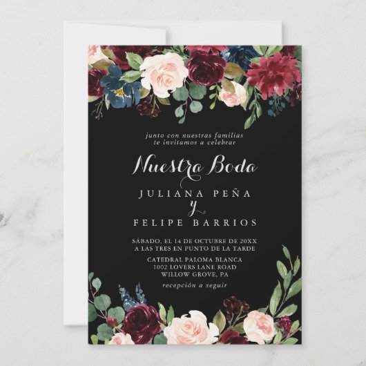 Rustic Black Botanical Nuestra Boda Wedding Kaart (Voorkant)