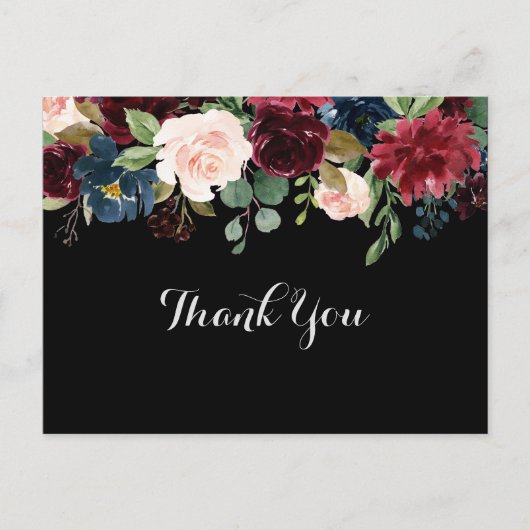 Rustic Black Botanical Wedding Bedankt Briefkaart (Voorkant)
