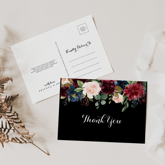 Rustic Black Botanical Wedding Bedankt Briefkaart