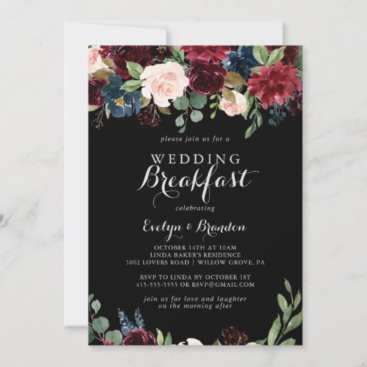Rustic Black Botanical Wedding Breakfast Kaart (Voorkant)
