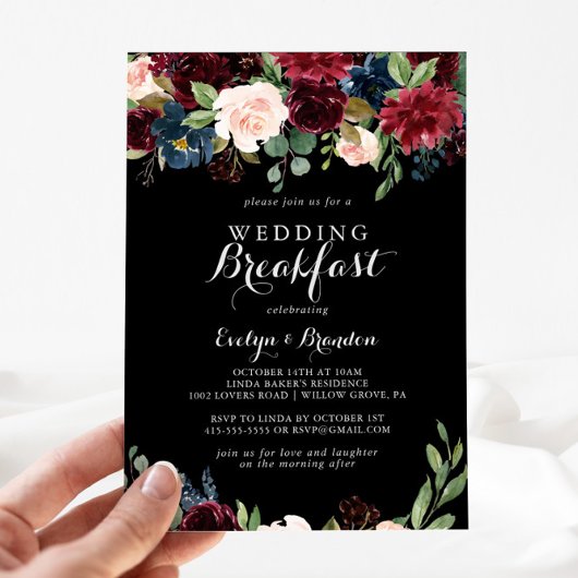 Rustic Black Botanical Wedding Breakfast Kaart