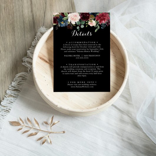 Rustic Black Botanical Wedding Details Informatiekaartje