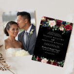 Rustic Black Botanical Wedding Kaart<br><div class="desc">Deze nette zwarte botanische trouwuitnodiging is perfect voor een klassieke bruiloft. Het ontwerp is voorzien van bruine,  rode,  marineuze,  blauwe en zwarte stralende en grijze handbeschilderde bloemen in een zwarte achtergrond,  die de natuurlijke schoonheid inspireren. Vervang de achtergrond door je eigen afbeelding.</div>