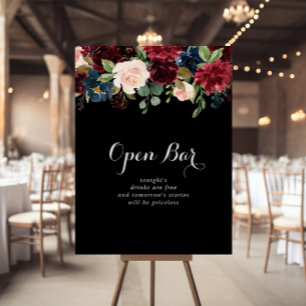 Rustic Black Botanical Wedding Open Bar Sign Poster