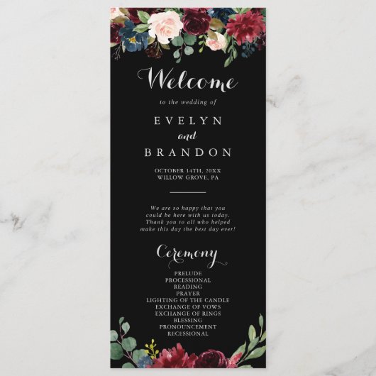 Rustic Black Botanical Wedding Program Programmakaart (Voorkant)