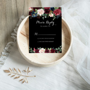 Rustic Black Botanical Wedding RSVP Kaart