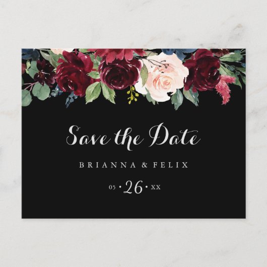 Rustic Black Botanical Wedding Save the Date Briefkaart (Voorkant)