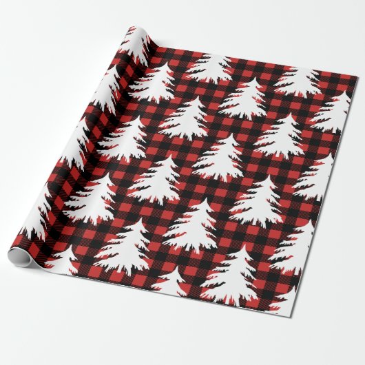 Rustic Black Buffalo Check Geplakte Witte Bomen Cadeaupapier (Uitgerold)
