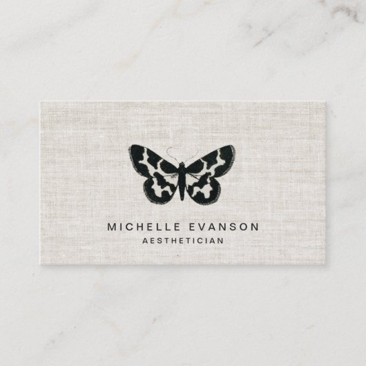 Rustic Black Butterfly Logo on Elegant Linen Visitekaartje (Voorkant)