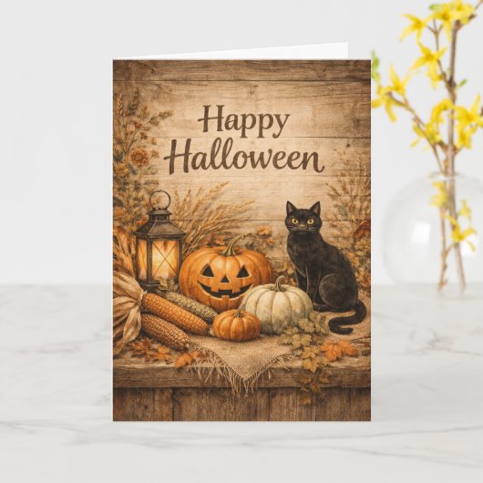Rustic Black Cat Corn Halloween Kaart (Gele Bloem)