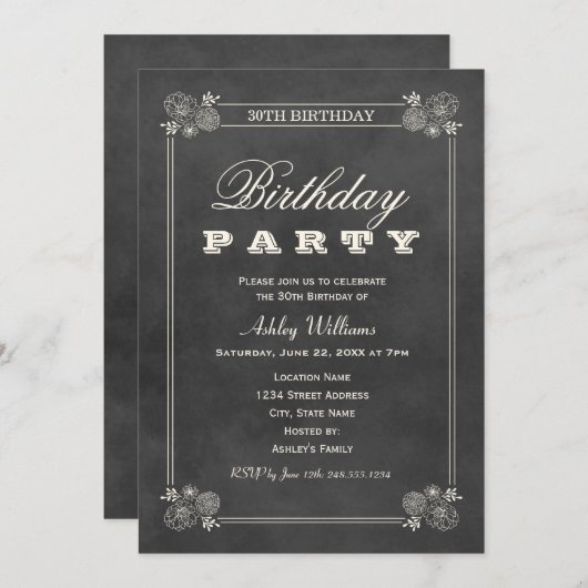 Rustic Black Chalkboard 30th Birthday Party Kaart (Voorkant / Achterkant)