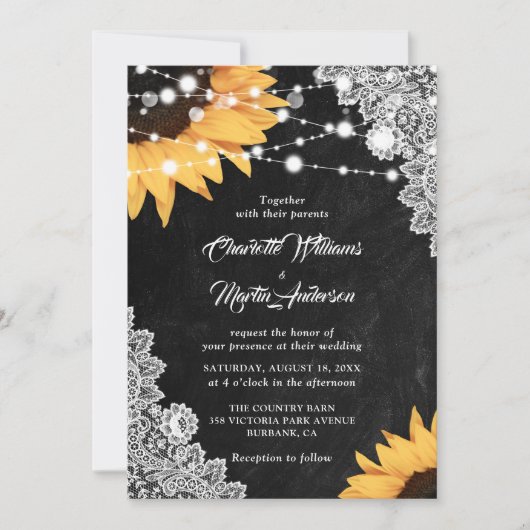 Rustic Black Chalkboard Lace Sunflower Wedding Kaart (Voorkant)
