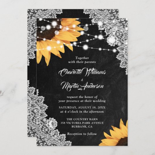 Rustic Black Chalkboard Lace Sunflower Wedding Kaart (Voorkant / Achterkant)
