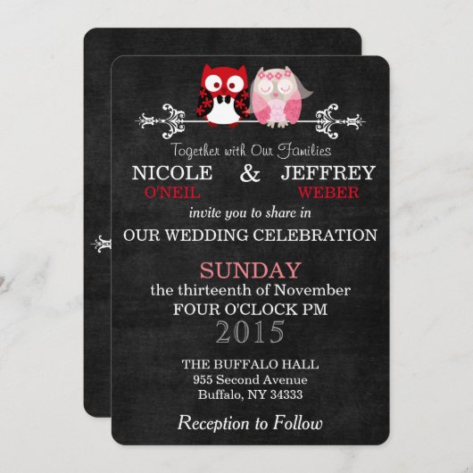 Rustic Black Chalkboard Owl Bride Groom Wedding Kaart (Voorkant / Achterkant)