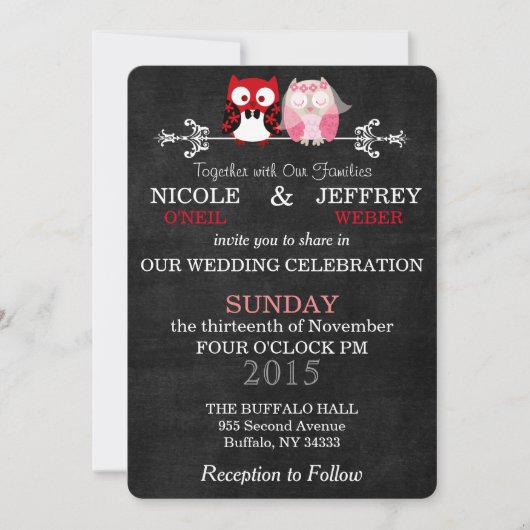 Rustic Black Chalkboard Owl Bride Groom Wedding Kaart (Voorkant)