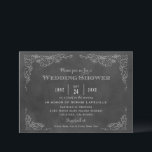 Rustic Black Chalkboard Vineyard Wedding Shower Kaart<br><div class="desc">Deze formele trouwdouchekaart met een  wijnlabel.  Robuuste,  met de hand getekende schetsen van de wijnstokbladeren lijst de belangrijke details.  Aan de achterzijde wordt een eenvoudig gestroomlijnd ontwerp met de datum van de gebeurtenis weergegeven.  Zacht wit / grijs op een zwarte achtergrond met een getextureerde vormgeving.</div>