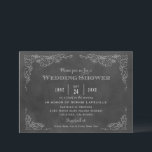 Rustic Black Chalkboard Vineyard Wedding Shower Kaart<br><div class="desc">Deze formele trouwdouchekaart met een  wijnlabel.  Robuuste,  met de hand getekende schetsen van de wijnstokbladeren lijst de belangrijke details.  Aan de achterzijde wordt een eenvoudig gestroomlijnd ontwerp met de datum van de gebeurtenis weergegeven.  Zacht wit / grijs op een zwarte achtergrond met een getextureerde vormgeving.</div>