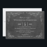 Rustic Black Chalkboard Vineyard Wedding Shower Kaart<br><div class="desc">Deze formele trouwdouchekaart met een  wijnlabel.  Robuuste,  met de hand getekende schetsen van de wijnstokbladeren lijst de belangrijke details.  Aan de achterzijde wordt een eenvoudig gestroomlijnd ontwerp met de datum van de gebeurtenis weergegeven.  Zacht wit / grijs op een zwarte achtergrond met een getextureerde vormgeving.</div>