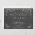 Rustic Black Chalkboard Vineyard Wedding Shower Kaart<br><div class="desc">Deze formele trouwdouchekaart met een  wijnlabel.  Robuuste,  met de hand getekende schetsen van de wijnstokbladeren lijst de belangrijke details.  Aan de achterzijde wordt een eenvoudig gestroomlijnd ontwerp met de datum van de gebeurtenis weergegeven.  Zacht wit / grijs op een zwarte achtergrond met een getextureerde vormgeving.</div>