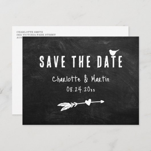 Rustic Black Chalkboard Wedding Save the Date Briefkaart (Voorkant / Achterkant)