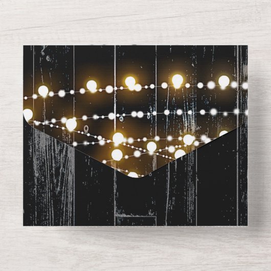 Rustic Black Dark Barn Wood & Lights Wedding All In One Uitnodiging (Achterkant)