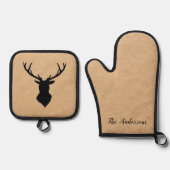 Rustic Black Deer | Kraft | Familienaam Ovenwant & Pannenlap Set (Voorkant)