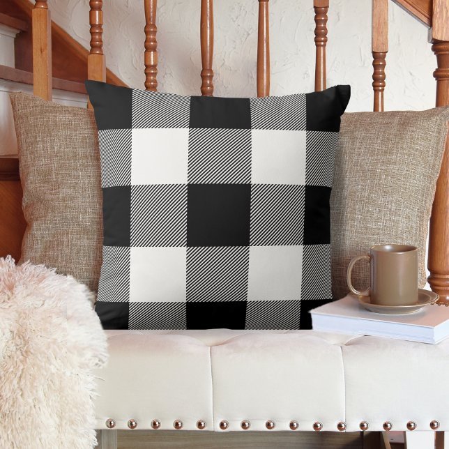 Rustic Black en White Buffalo Pset Farmhouse Kussen (Modern Farmhouse Black and White Buffalo Plaid Throw Pillow.  A cozy addition to your home decor.)