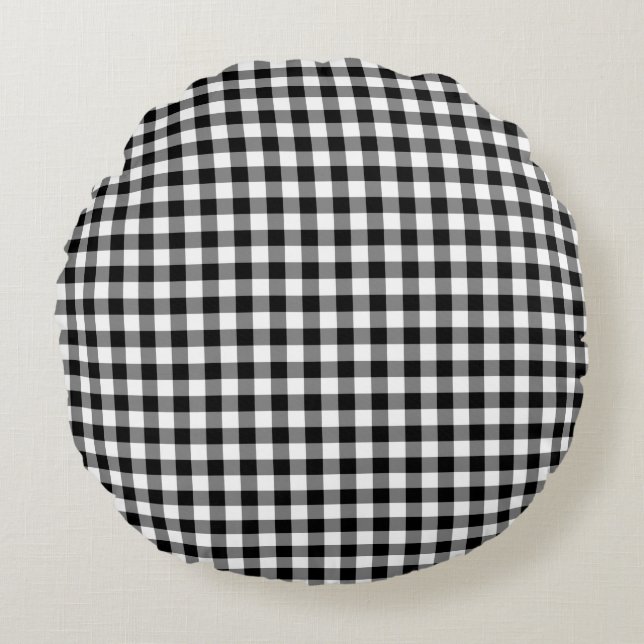Rustic Black en White Gingham geblazen patroon Rond Kussen (Voorkant)