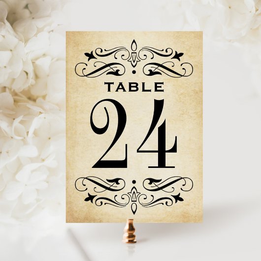  Rustic Black Flourish Wedding Table Number Kaart