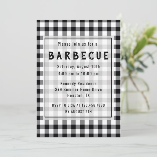 Rustic Black Gingham Farmhouse BBQ Party Kaart (Staand voorkant)