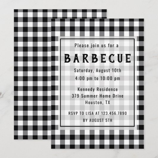 Rustic Black Gingham Farmhouse BBQ Party Kaart (Voorkant / Achterkant)