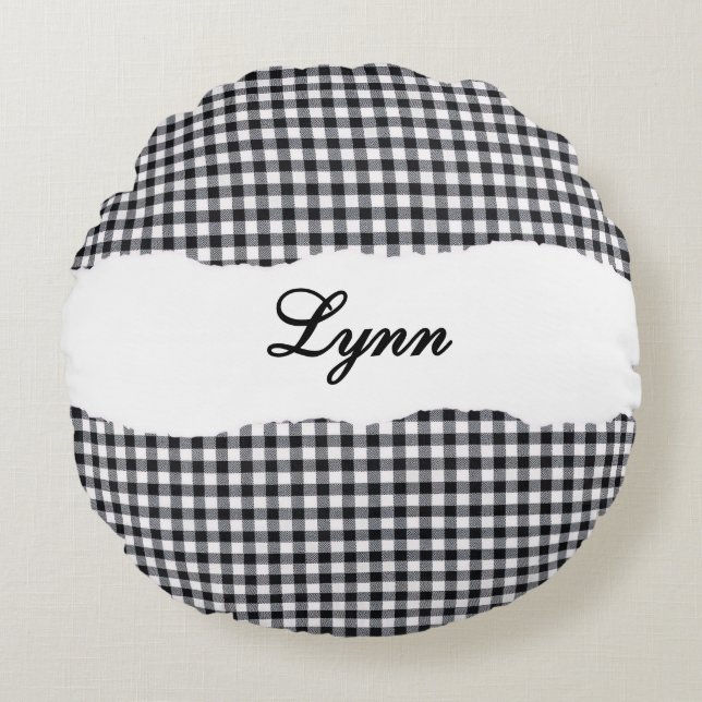Rustic Black Gingham Personalized Name Rond Kussen (Voorkant)