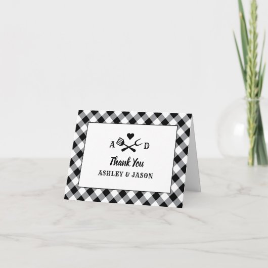 Rustic Black Gingham Plaid BBQ Wedding Monogram Bedankkaart (Voorkant)