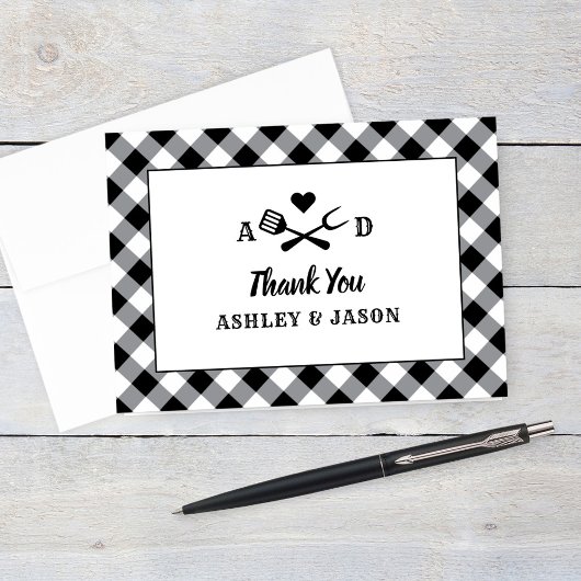 Rustic Black Gingham Plaid BBQ Wedding Monogram Bedankkaart