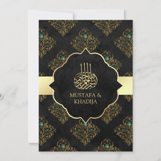  Rustic Black Gold Damask moslim Weduwschap Kaart (Voorkant)