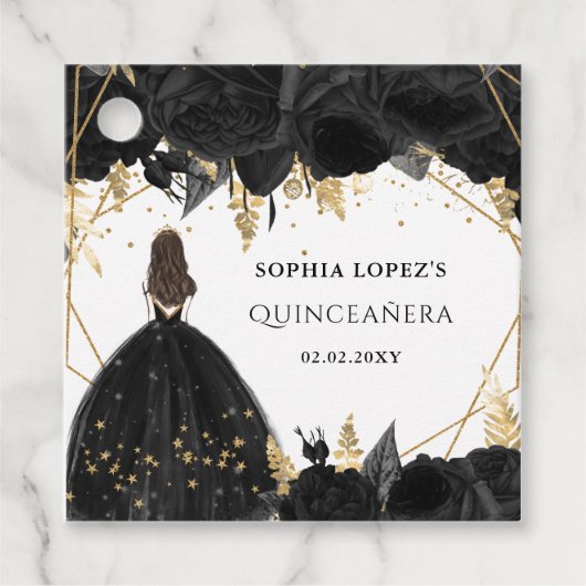Rustic Black Gold Floral Princess Quinceanera Bedankjes Labels (Voorkant)