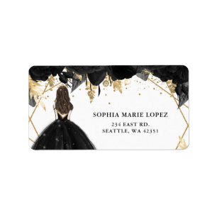 Rustic Black Gold Floral Princess Quinceanera Etiket