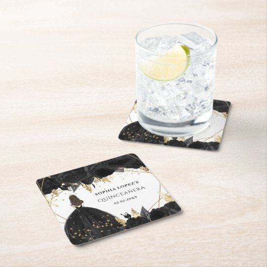 Rustic Black Gold Floral Princess Quinceanera Kartonnen Onderzetters (Insitu)