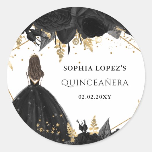 Rustic Black Gold Floral Princess Quinceanera Ronde Sticker (Voorkant)