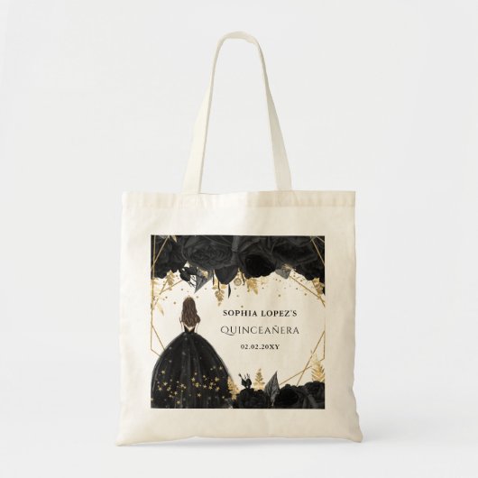 Rustic Black Gold Floral Princess Quinceanera Tote Bag (Voorkant)