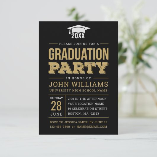 Rustic Black Gold Photo Graduparty Kaart (Staand voorkant)