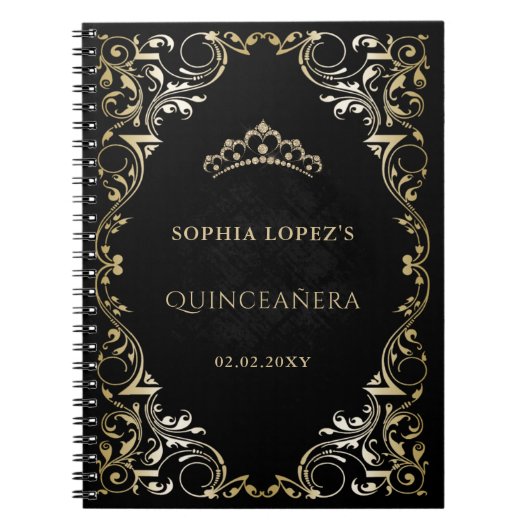Rustic Black Gold Princess Tiara Quinceanera Notitieboek (Voorkant)