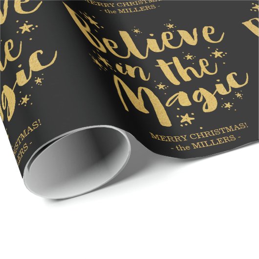 Rustic Black Gold Script Believe In The Magic Cadeaupapier (Rol Hoek)