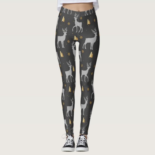 Rustic Black Gold Winter Deer Woodland Pattern Leggings (Voorkant)