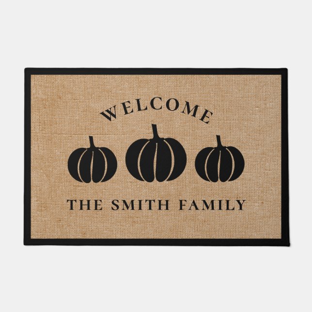 Rustic Black Pumpkins Familienaam Welkom Deurmat (Voorkant)