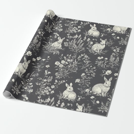 Rustic Black Rabbit Botanicale Toile-patroon Cadeaupapier (Uitgerold)